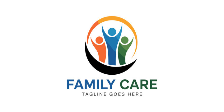 Abstract family care logo design vector concept with happy colorful people in circle for healthcare and social services organization charity foundation adoption agency or community support programs mo