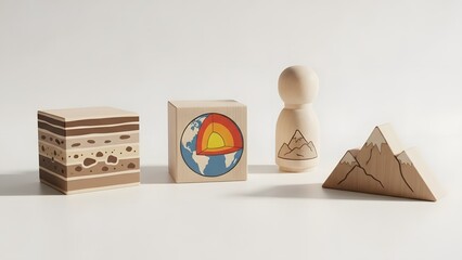 Educational wooden blocks illustrating Earth's layers, a simple peg doll, and a mountain shape, representing geology and geography concepts
