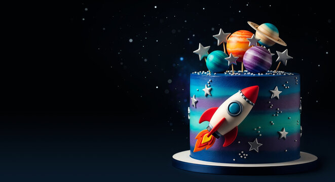 Galaxy Themed Cake with Rocket and Planets on Starry Background for Space Day Celebration Banners, with spacefor text, Children's Parties, and Educational Astronomy Content
