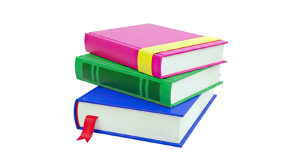 Stack of colorful books with a red bookmark