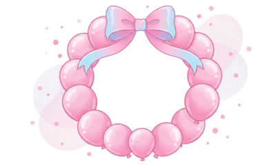 PNG image of Adorable circular frame constructed entirely of sweet pink balloons tied together with a light blue decorative bow on transparent background