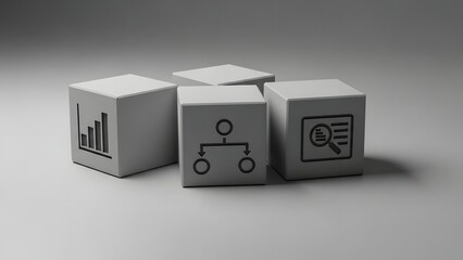 Fototapeta premium Four white cubes with business icons symbolizing data analysis, organization, and research, set against a neutral gradient background