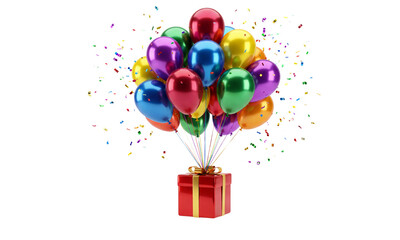 PNG image of A vibrant collection of metallic colorful balloons tied to a shining red gift box surrounded by confetti on transparent background