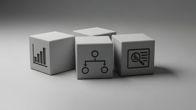 Four white cubes with business icons symbolizing data analysis, organization, and research, set against a neutral gradient background - Powered by Adobe