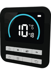 Digital thermostat displaying room temperature with user control interface in black design