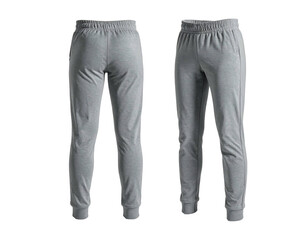 Front and back views of grey athletic pants on a dark background