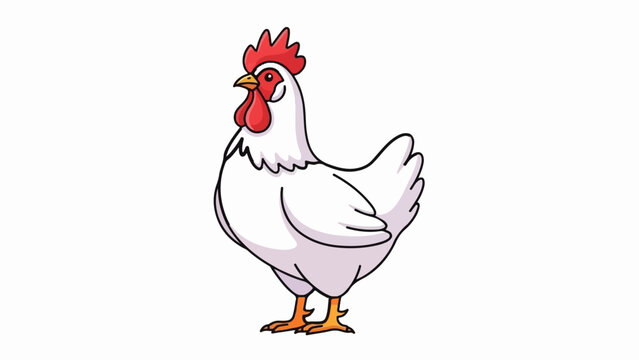 A cartoon hen with white feathers and a red comb stands alertly