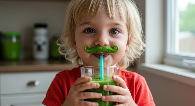 Playful Toddler with Green Mustache Sipping Healthy Smoothie