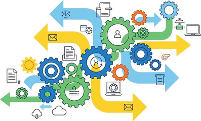 Illustration of interconnected gears and digital icons representing technology and workflow