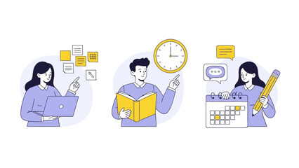 People working and learning with laptops, books, and calendars illustrating productivity