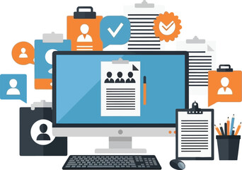 Digital workspace with multiple documents profiles and office supplies illustrating remote work