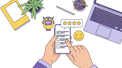 Customer giving feedback on a survey via a mobile app with stars and emoji