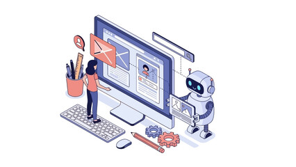 Robot and Designer Collaborating on Web Design Project with Computer and Tools