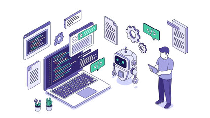 Isometric Software Development and Coding Concept with Robot and Programmer