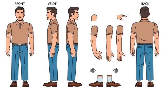 Male Character Design Sheet: Front, Side, Back Views and Components for Animation
