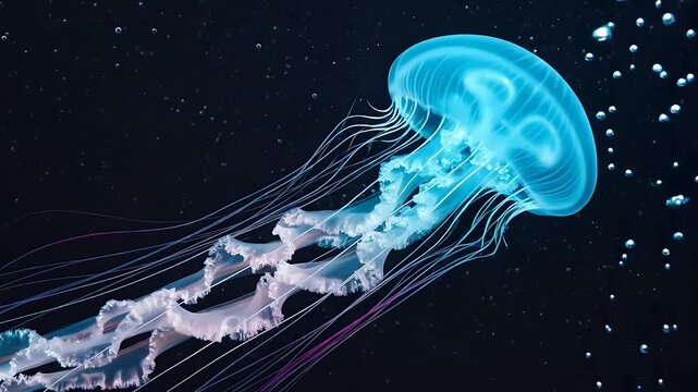 Bioluminescent Jellyfish swimming gracefully in dark deep ocean water with ethereal glowing effects
