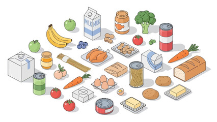 Isometric Collection of Fresh Grocery Food Items and Drinks, Vector Illustration