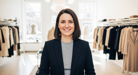 Sales consultant in a clothing store smiling confidently, surrounded by stylish apparel, showcasing expertise in customer service and fashion advice