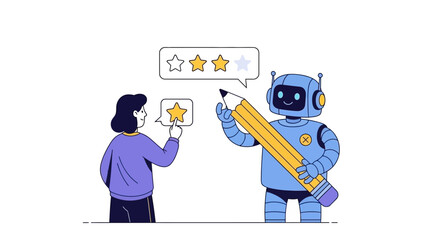Robot and person interacting with a star rating system for customer feedback and evaluation