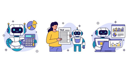 Robots assisting with taxes and financial data analysis in modern business