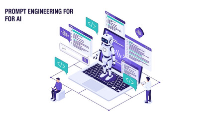 Prompt Engineering for AI: Isometric Illustration of Robot, Laptop, and Developers