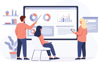 collaborative team analyzing data and presenting insights on a large digital screen in a modern