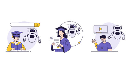 Set of illustrations depicting students learning with AI and robots, graduation, and online
