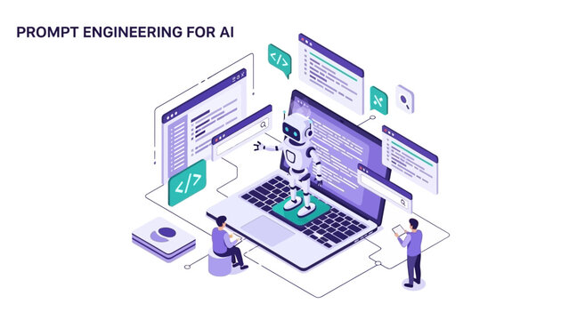 Prompt Engineering for AI: Isometric Illustration of Robot, Laptop, and Code