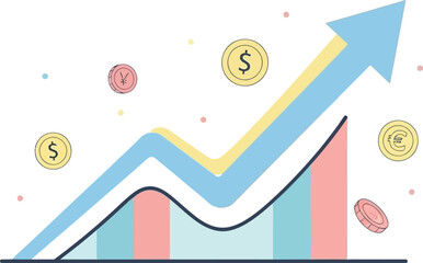 growth, success and financial progress with rising upward arrow and currency symbols