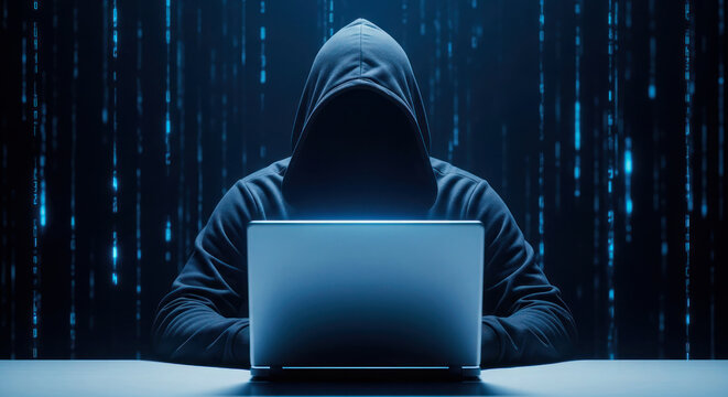 Mysterious figure in a hooded sweatshirt working on a laptop with glowing binary code in the background, representing cybersecurity and technology themes - Powered by Adobe