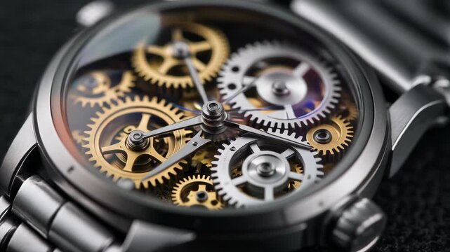  &ldquo;Luxury titanium watch with dark gold gears visible under crystal-clear sapphire glass, 