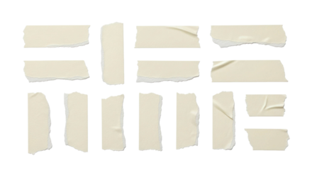 Various pieces of torn beige sticky tape with different shapes and textures. Isolated on transparent background
