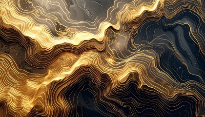 Topographic-style abstract artwork with flowing gold, yellow, and dark blue contour lines on black.