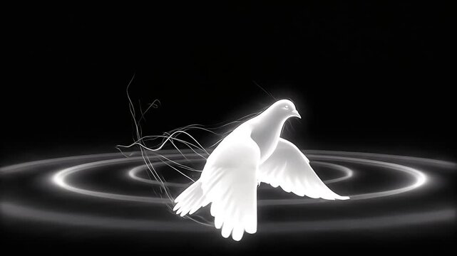 White glowing dove flapping wings over circular ripples on black background with ethereal spiritual lighting
