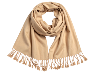 A soft, fringed, beige fabric scarf, draped and folded