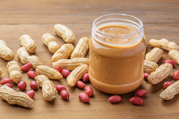 Closeup view of a jar of tasty peanut butter