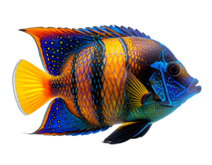 Vividly colored tropical fish with iridescent blue, orange, and yellow scales