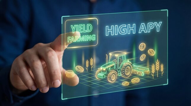 A person interacting with a digital screen displaying a tractor and coins