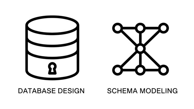 Data architecture icons for database design and schema modeling featuring a locked storage cylinder and node network graph