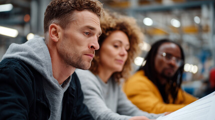 Workers reviewing documents during warehouse meeting. Diverse team discussing work issues, looking concerned. Industrial workplace collaboration, employee problem solving, business conversation.