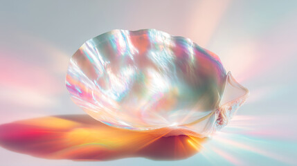 Iridescent seashell, holographic pearlescent surface, rainbow light refraction. Pastel gradient background, translucent marine shell, ethereal composition, organic ocean object, nacre texture.