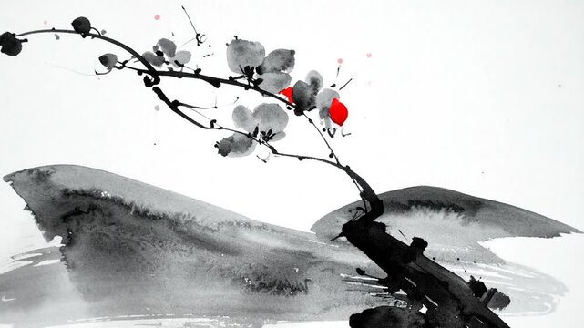 Sumi-e style illustration of a flowering branch with grey petals and bright red accents, over hills