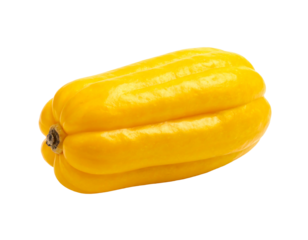 A bright yellow, elongated vegetable with segmented ridges against a black background
