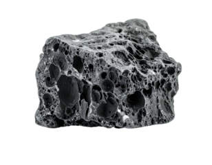 Gray, porous volcanic rock specimen, isolated on black background, showcasing intricate texture