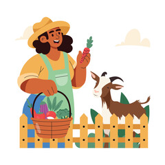 Fototapeta premium Farmer woman feeding goat Flat Vector Illustration EPS 10 File 