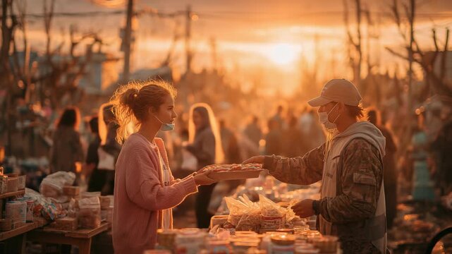 Customer Purchasing Street Food from Vendor - Local Market Scene with Face Masks and Food Display.