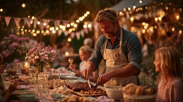 Family Gathering: Chef Carving Roasted Meats Outdoors at Festive Dinner Table with Warm Lighting