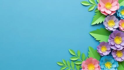 Paper cutout flowers in pastel shades are arranged along the right edge and bottom right corner with green leaves on a blue background.