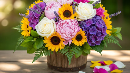 Obraz premium Elegant Floral Arrangement with Sunflowers, Roses, Lilies in Glass Vase by Window – Natural Light Beauty, 4K image 