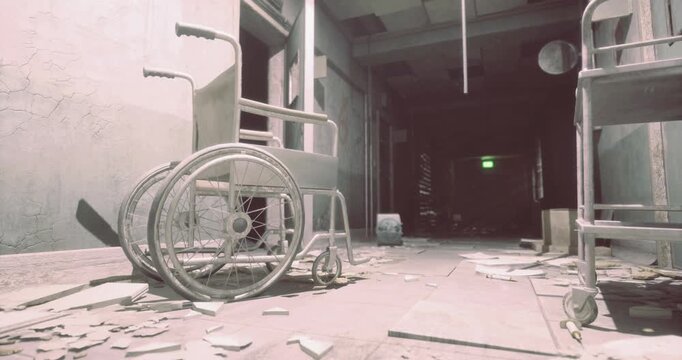 Wheelchairs sit forgotten in a deserted hallway filled with scattered debris and dim light, evoking a sense of neglect and mystery in the atmosphere of this haunting space.